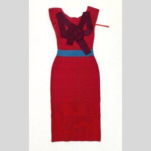 Hervé Léger Red & Blue Bandage Bodycon midi Dress with Crisscross Detail, Size X